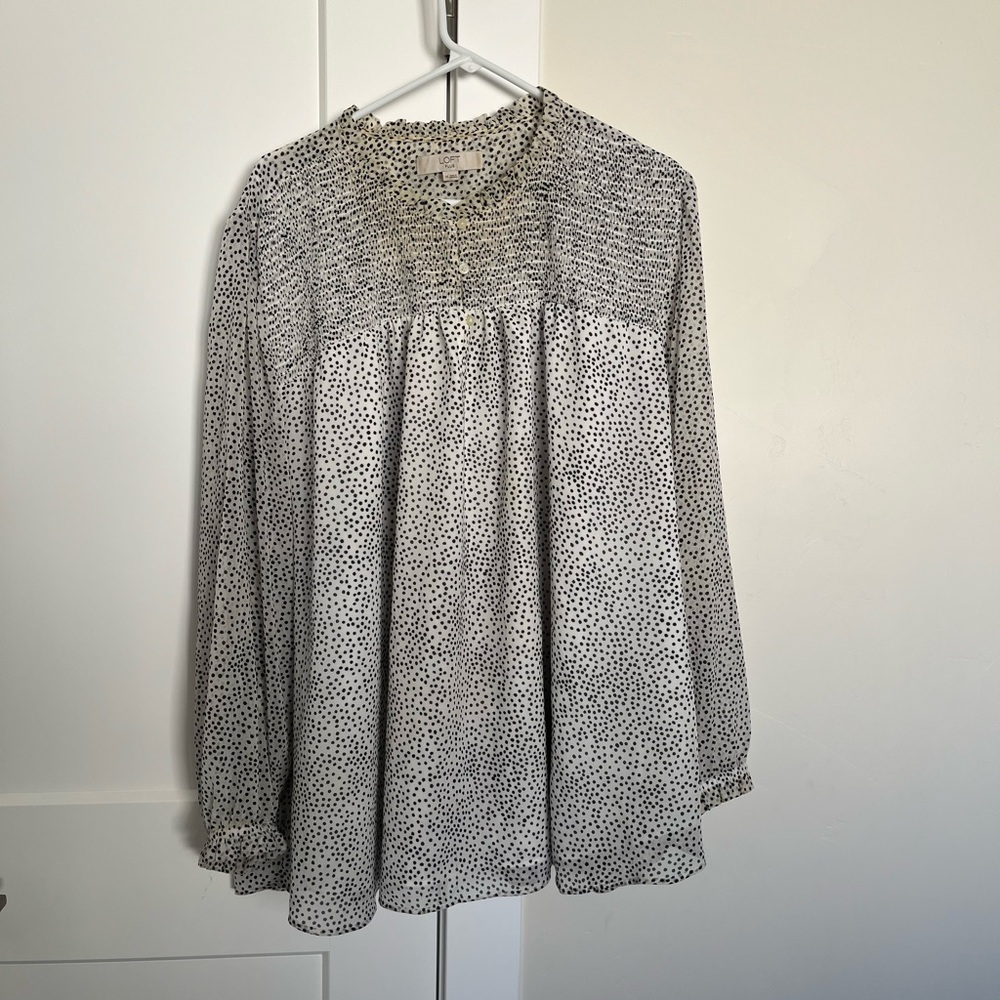White and Black Polka Dotted Long Sleeve Blouse